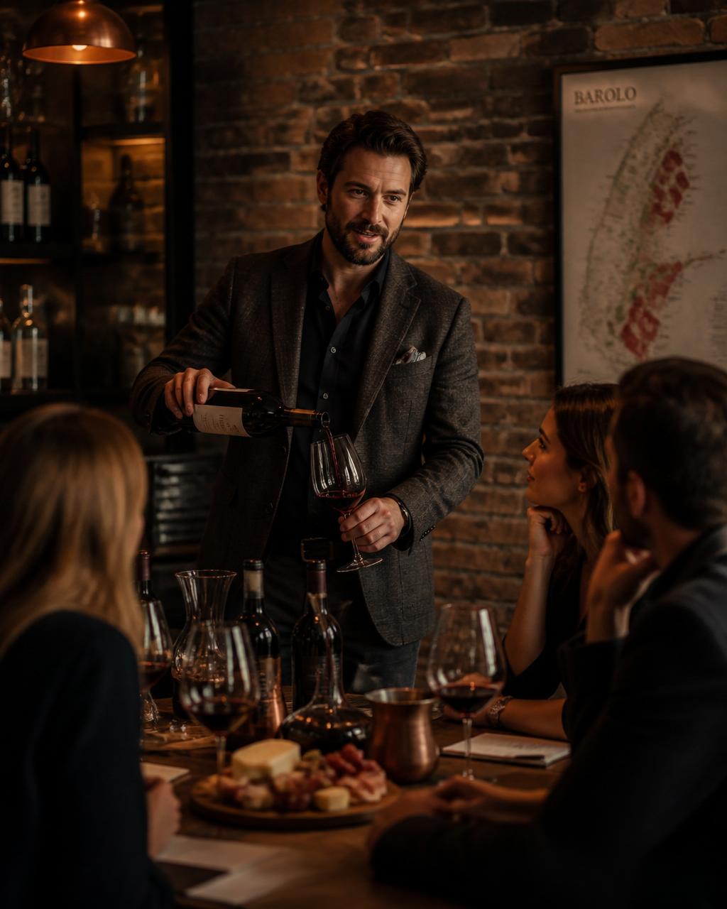 A wine host pouring wine for a small tasting group