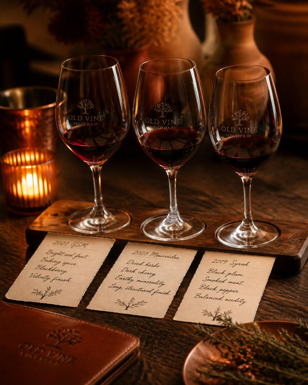 Three glasses of red wine during a candlelit tasting