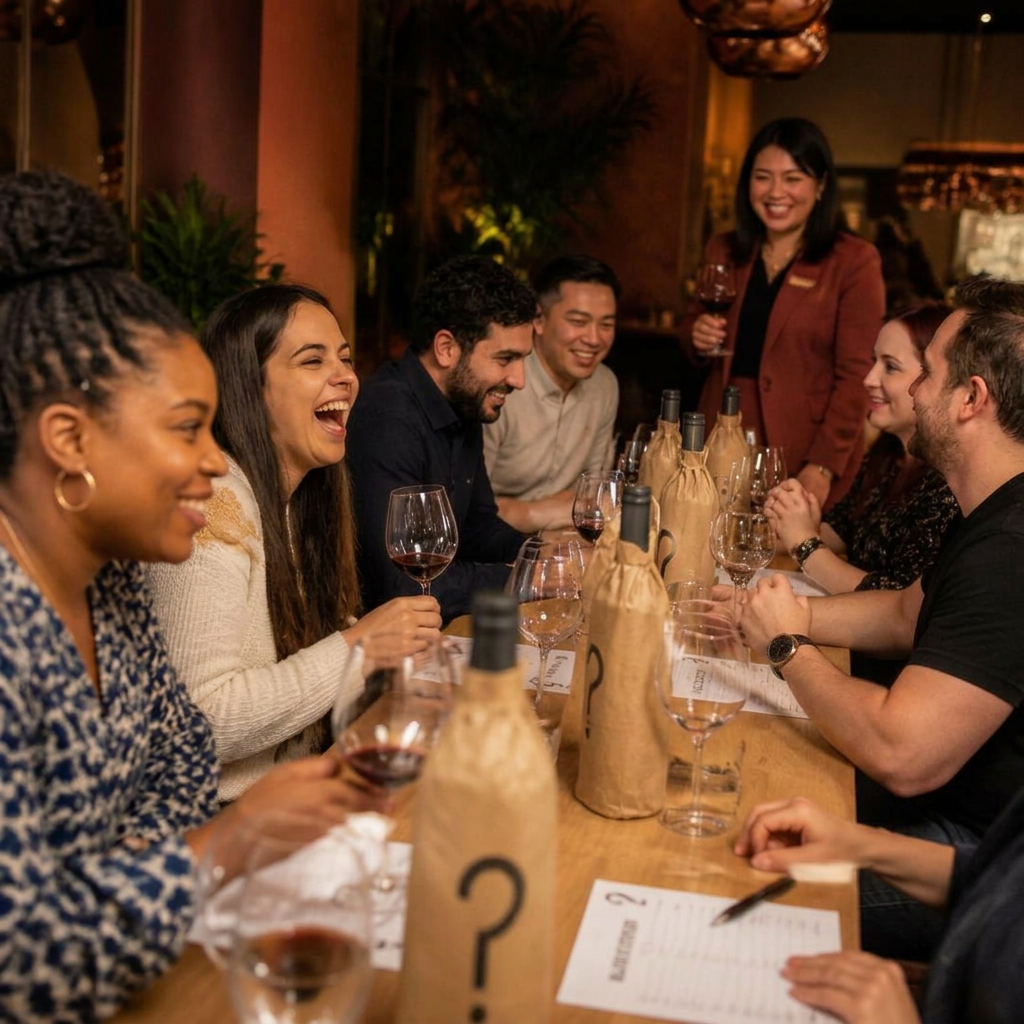 A laughing team competing during a blind wine tasting